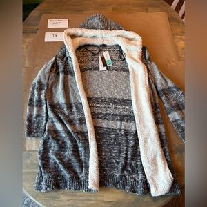 Chic Hooded Gray and Cream Cardigan